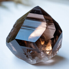 Close-up of a Smoky Quartz Crystal Specimen on a White Surface