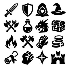 Collection of Fantasy Game Icons in Solid Black