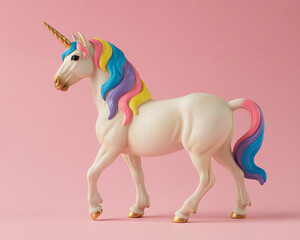 Adorable Pastel Rainbow Unicorn Toy Against a Pink Background