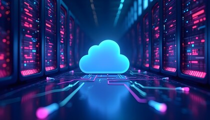 Futuristic server room in a data center with a central glowing cloud icon on a circuit path, representing cloud infrastructure.