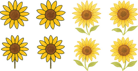Hand-Drawn Watercolor Sunflower Illustration Set Colorful Single Bloom Floral Elements with Petals and Leaves, Isolated Transparent Background for Botanical Art, Packaging, and Decor | Generative AI