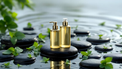 Luxury skincare products on stones with water ripples for spa and wellness beauty brand marketing image