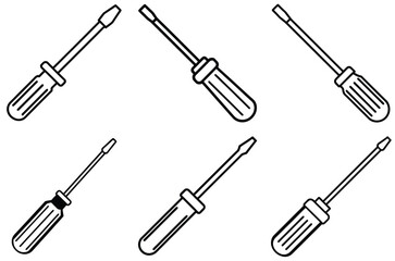 Collection of simple line art screwdrivers on a white background