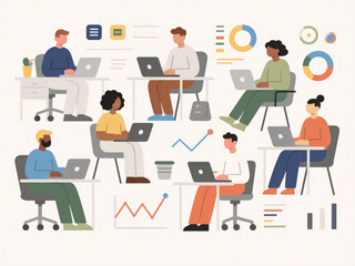 Vector illustration of diverse business people working on laptops in modern office, minimal color palette on white background