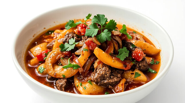 A close-up shot of a delicious beef stew featuring tender meat vibrant bell peppers juicy tomatoes and soft potatoes in a rich broth topped with fresh parsley