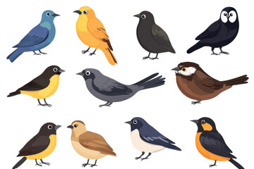 Obraz premium Collection of vector icons featuring various city birds in a colorful and engaging design perfect for nature and wildlife enthusiasts