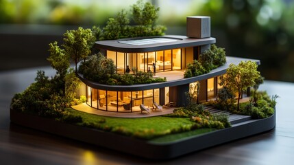 Modern luxury house model with curved glass walls surrounded by lush greenery and vibrant outdoor landscaping for stylish contemporary living