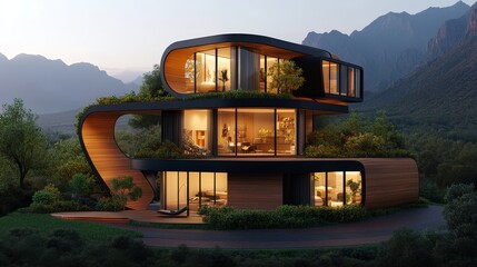 Modern futuristic multi-level house with curved design and large glass set in nature landscape with mountains