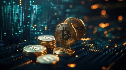 Close-up view of physical Bitcoin coins on digital financial technology background with glowing data lines and futuristic theme