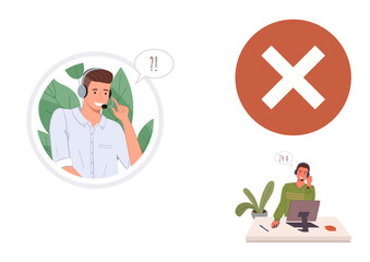 Confused headset-wearing agent with speech bubble and unhappy customer at desk beside red cross. Ideal for customer service, communication issues, frustration, support challenges, problem-solving