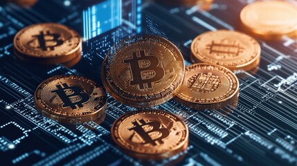 Traditional physical Bitcoins in hand with digital blockchain financial data and cryptocurrency market analysis
