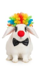 rabbit dressed as a clown with a colorful wig, red nose, and bow tie. Humorous and surreal animal portrait on white background
