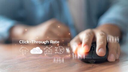 Close-up of a hand clicking a computer mouse with text 'Click-Through Rate' and data icons,