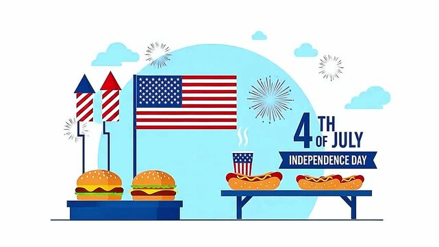 4th of July Independence Day Celebration Burgers, Hot Dogs, and Fireworks