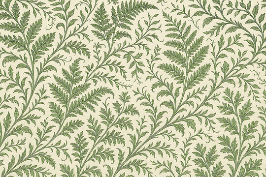 A repeating pattern of green fern fronds and vines on a light beige background creating a botanical design