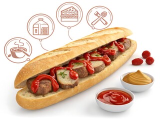 Hearty meatball sub sandwich with ketchup and mustard condiments and illustrated food icons isolated on white background