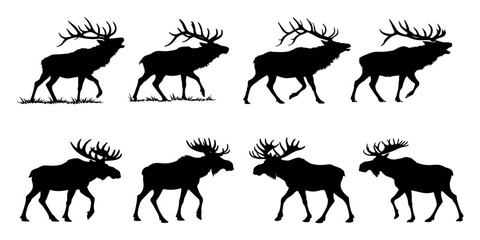 Silhouettes of elks and mooses in black