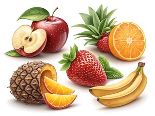 Assortment of fresh ripe fruits including apple strawberry pineapple orange and bananas isolated on white background