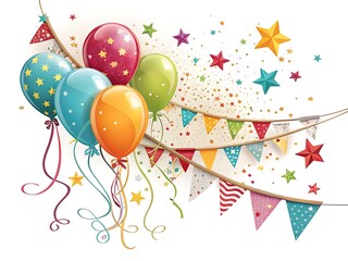 Festive colorful balloons and star confetti with bunting flags isolated on white background