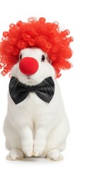 rabbit dressed as a clown with a colorful wig, red nose, and bow tie. Humorous and surreal animal portrait on white background