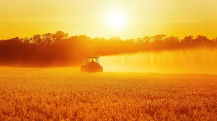 Fototapeta premium Tractor spraying a field at sunrise.