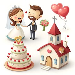 Cute cartoon bride and groom holding hands with wedding cake church and balloons isolated on white background