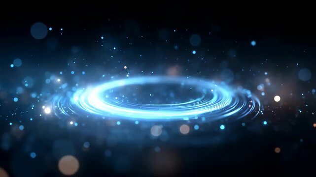 Futuristic glowing blue energy ring with floating particles on dark background, perfect for sci-fi, technology, or design projects
