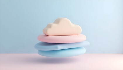 Minimalist 3D concept of a cloud platform, represented by a cloud shape on a stack of pastel-colored discs.