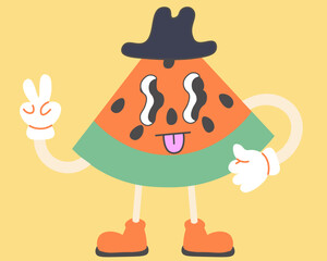 watermelon groovy character in doodle style. elements for mascot decor postcard design print sticker poster background