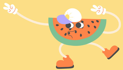 watermelon groovy character in doodle style. elements for mascot decor postcard design print sticker poster background