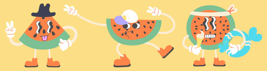 watermelon groovy characters set in doodle style. elements for mascot decor postcard design print sticker poster background