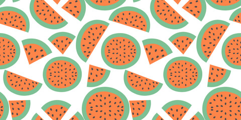 seamless pattern with watermelon pieces in doodle style. Ornament for decor postcard design print poster background wallpaper wrapping packaging textile banner backdrop