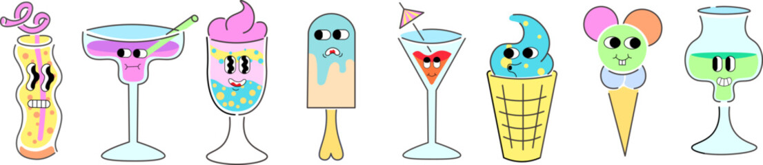 cocktails and ice cream characters set in doodle style. elements for mascot decor postcard design print sticker poster background