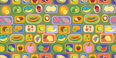 seamless pattern with fruits stamps in doodle style. Ornament for decor postcard design print poster background wallpaper wrapping packaging textile banner backdrop