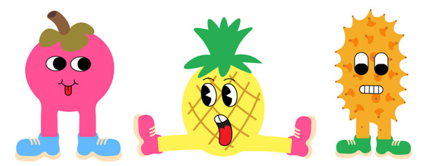 fruits groovy characters set in doodle style. elements for mascot decor postcard design print sticker poster background