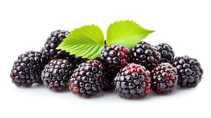 Fresh and vibrant pile of ripe blackberries with green leaves on white background