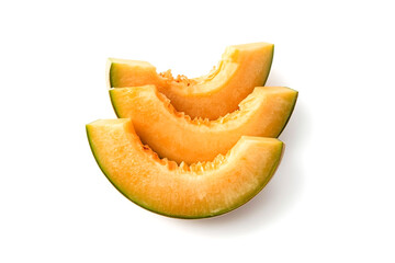 Three curved slices of ripe cantaloupe are artfully arranged in a stack against a clean white background highlighting their sweet juicy texture and refreshing appeal