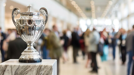 Shiny silver trophy on marble pedestal representing success, victory and accomplishment in sports, business or academic competition. Symbol of prestige, excellence and leadership.
