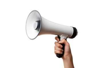 Hand holding a megaphone in a public space during a rally or event promoting community engagement and awareness of important issues