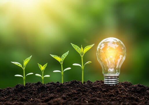 Growth, Innovation, and Sustainability  Plants Growing Towards a Bright Light Bulb