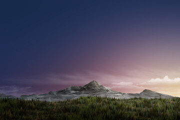sunset in the mountains/Twilight falls over pine trees and mountain forest in a peaceful natural landscape