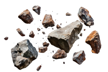 Stone fragments suspended in mid-air showcasing the impact of destruction in an industrial setting