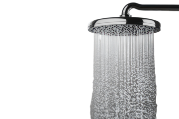 Shower water cascades over a transparent background creating a serene atmosphere in a modern bathroom