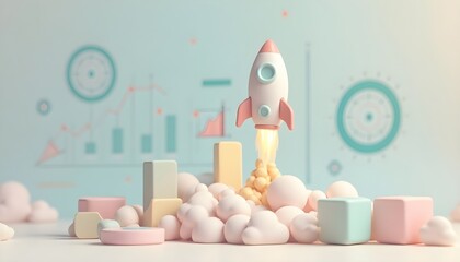 Business startup and growth concept illustrated by a launching rocket with data charts in a soft pastel color scheme.