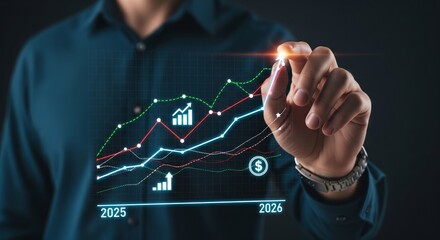 Fototapeta premium 2026 Financial Growth Forecast and Business Analytics Strategy Concept with Trendline and Data Icons
