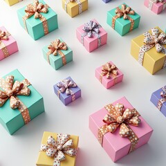 Colorful 3D rendered gift boxes seamless pattern with glossy finish and polka dot ribbons, bright festive design perfect for wrapping paper

