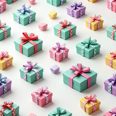 Colorful 3D rendered gift boxes seamless pattern with glossy finish and polka dot ribbons, bright festive design perfect for wrapping paper

