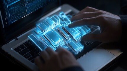 Typing on Illuminated Keyboard with Abstract Graphics, Data Processing and Digital Technology Concepts Shown.