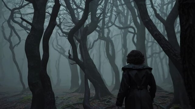 A woman explores a dark and foreboding forest, a dense fog, the trees are deformed and grotesque