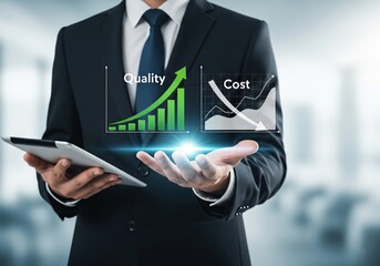 Businessman Showing Quality Improvement and Cost Reduction Chart in Hand